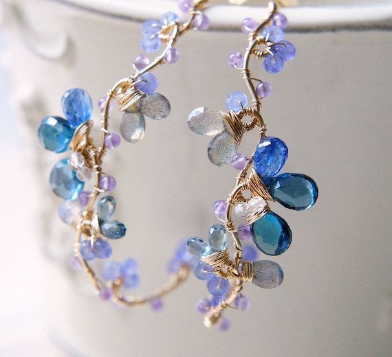 London Blue Topaz 2024 Earrings, Tanzanite Amethyst Chandelier Hoop, 14k gold filled Sterling silver
