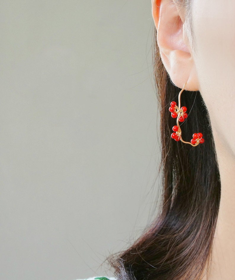 Plum Branch Earrings Gold filled Hoop Red Berry Red Coral Vine Earrings Japanese Jewelry