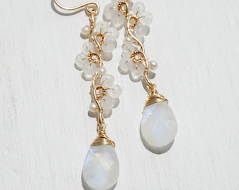 Moonstone Teardrop Earrings: 14K Gold Filled Flower Vine, June Birthstone