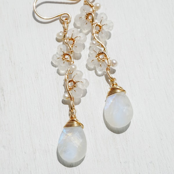 Moonstone Teardrop Wedding Earrings, 14K Gold Filled Silver Floral Jewelry, June Birthstone