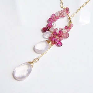 Inspired Cherry Blossom Rose Quartz Lariat in Gold filled or Silver, Wire Wrapped Pink Gemstone Jewelry for Woman, Unique Necklace