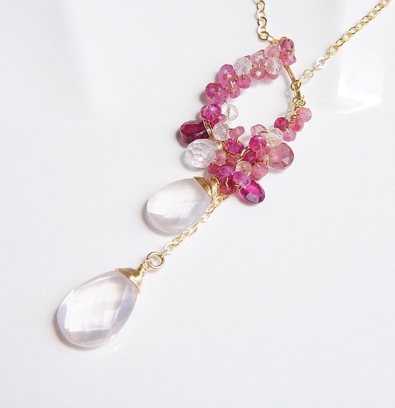 Color Blossom Lariat Necklace, Pink Gold, White Mother-of-pearl