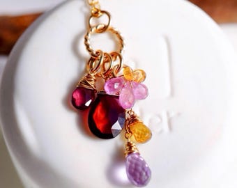 Garnet Pink Sapphire Cluster Pendant, 14K Gold filled Sterling Silver, January Birthstone