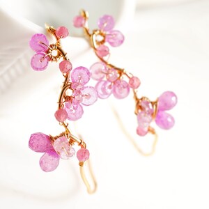 Cherry Blossom Pink Floral Earrings in Gold filled, Pink Sapphire Jewelry, Wedding gift for Bride image 6