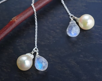 Akoya Pearl Moonstone Sterling Silver Threader Earrings, Minimalist Jewelry