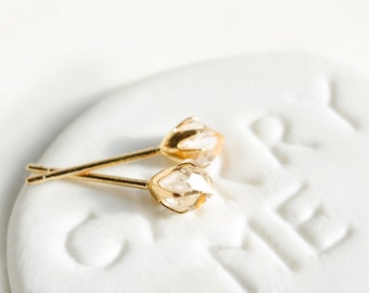 Tiny Herkimer Diamond Earrings in 18k Gold, Healing Quartz Minimalist Jewelry, Simple Solitaire Stone Studs