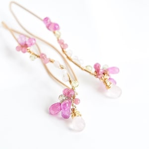 Cherry Blossom Pink Sapphire Chandelier Long Earrings, 14k Gold-Filled Bridal Jewelry