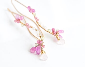 Pink Sapphire Chandelier Long Earrings, 14k Gold-Filled Cherry Blossom Bridal Jewelry