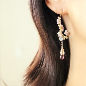 Pink Tourmaline Chandelier Earrings, Cherry Blossom Earrings, Rubellite Gold Hoop, Sakura Wedding Japanese Jewelry zdjęcie 7