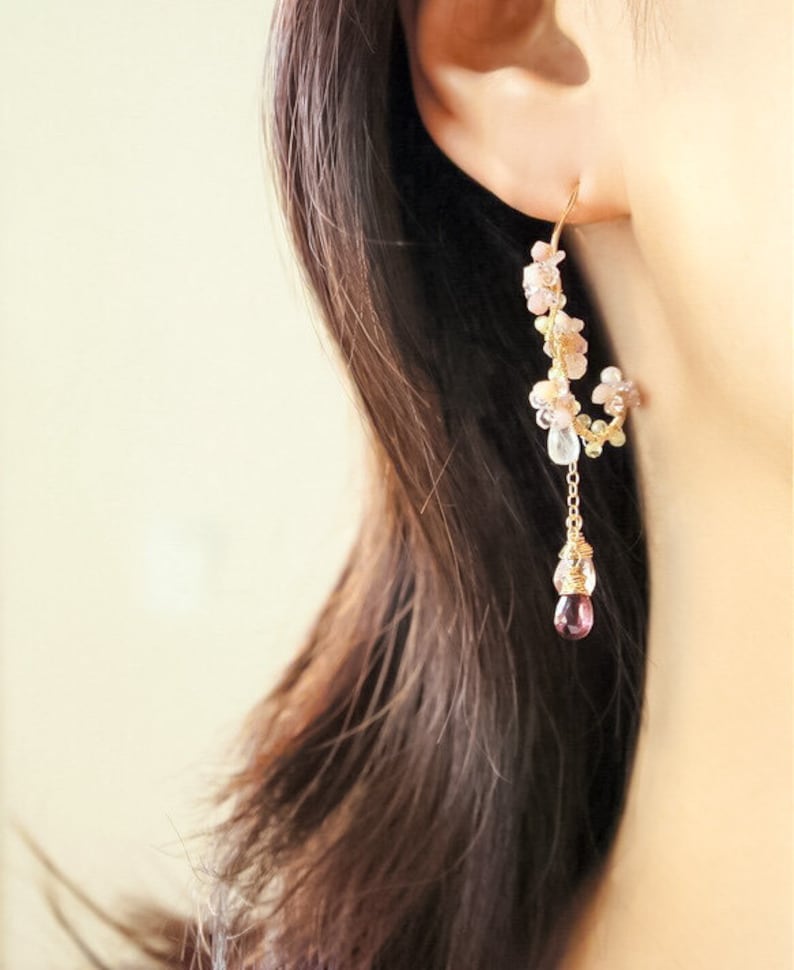 Pink Tourmaline Chandelier Earrings, Cherry Blossom Earrings, Rubellite Gold Hoop, Sakura Wedding Japanese Jewelry image 7