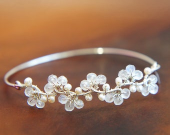 Sterling Silver Flower Wedding Bangle, Moonstone Pearl Vine Bracelet