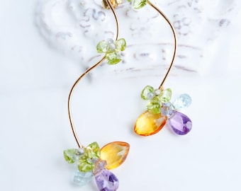 Citrine Amethyst Long Earrings, 14K Gold filled, Natural Stone Wire Wrapped Jewelry