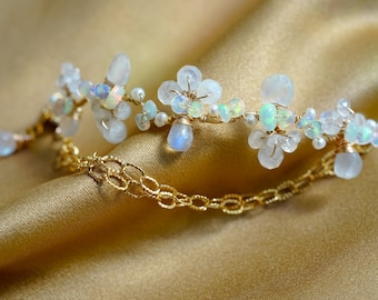 Moonstone Ethiopian Opal Floral Bracelet for Wedding in 14K Gold filled, Boho Casual Wedding, Wire wrapped Handmade Jewelry