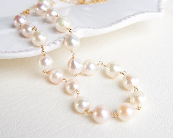 Japanese Akoya Baroque Pearl Necklace, Bridal Wedding Jewelry, 14K Gold filled, Simple Wire Chain