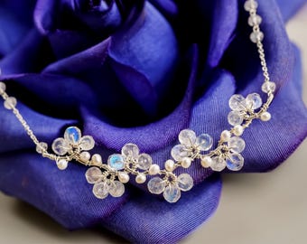White Moonstone Pearl Flower Necklace: 14K Gold Filled Wedding Jewelry,  Nature inspired