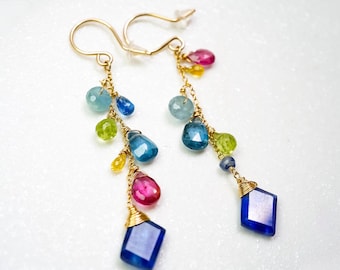 14K Gold Filled Long Gemstone Earrings, Asymmetrical Multi-Stone Dangle Jewelry, Kyanite Birthstone Gift