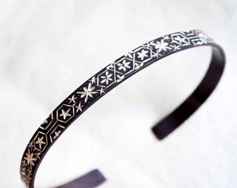 Japanese Geometric Motif Engraved Bangle, Oxidized Sterling Silver Bracelet