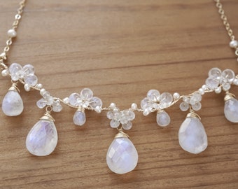 Rainbow Moonstone Chandelier Necklace Sterling Silver Floral Bridal Jewelry