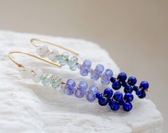 Blue Shaded Earrings in Gold filled, Ombré Gemstone Tanzanite Wisteria Jewelry, Wire Wrapped Earrings