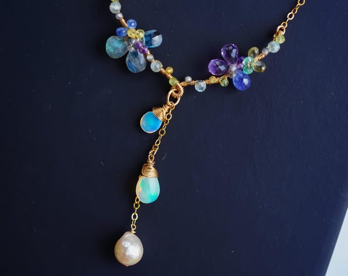 Featured listing image: Ethiopian Opal Akoya Pearl Y Necklace, 14K Gold Filled Gemstone Handmade Botanical Jewelry