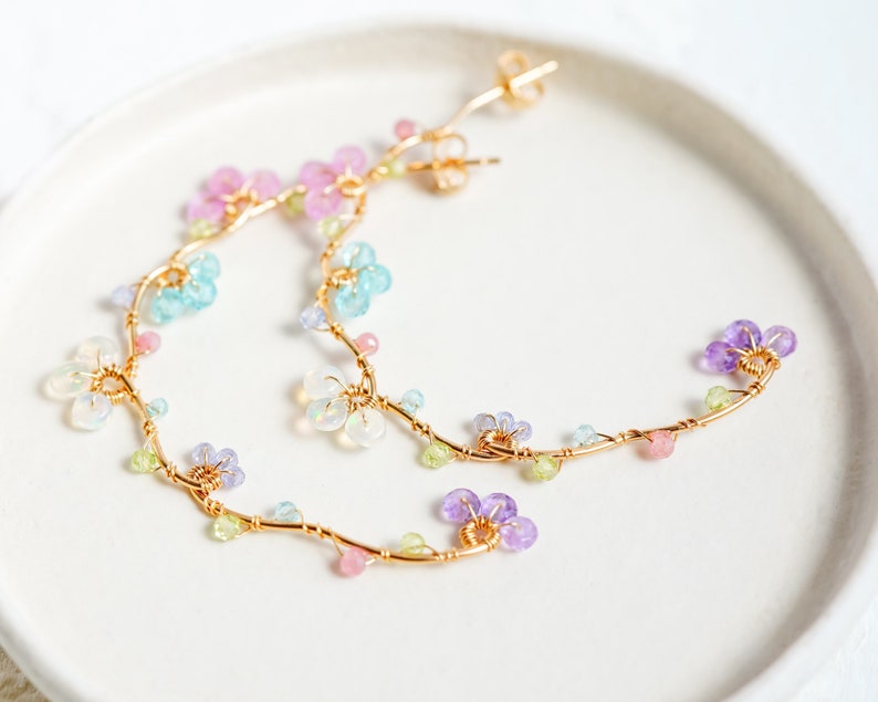 Pastel Gemstones Gold Hoop Earrings, Handmade Dainty Jewelry image 4