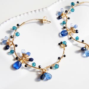 Nature inspired blue gemstone hoop earrings, Wire wrapped gold earrings, Handmade jewelry image 6