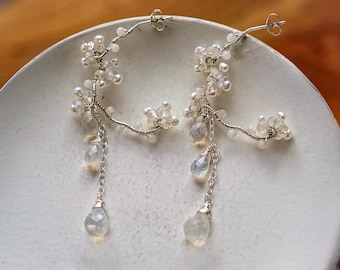 Moonstone Wedding Chandelier Earrings, White Gemstone,  Handmade Japanese Jewelry, Sterling silver