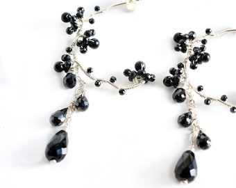 Black Onyx Silver Chandelier Earrings, Wire wrapped Gemstones Hoop, Black Spinel Jewelry