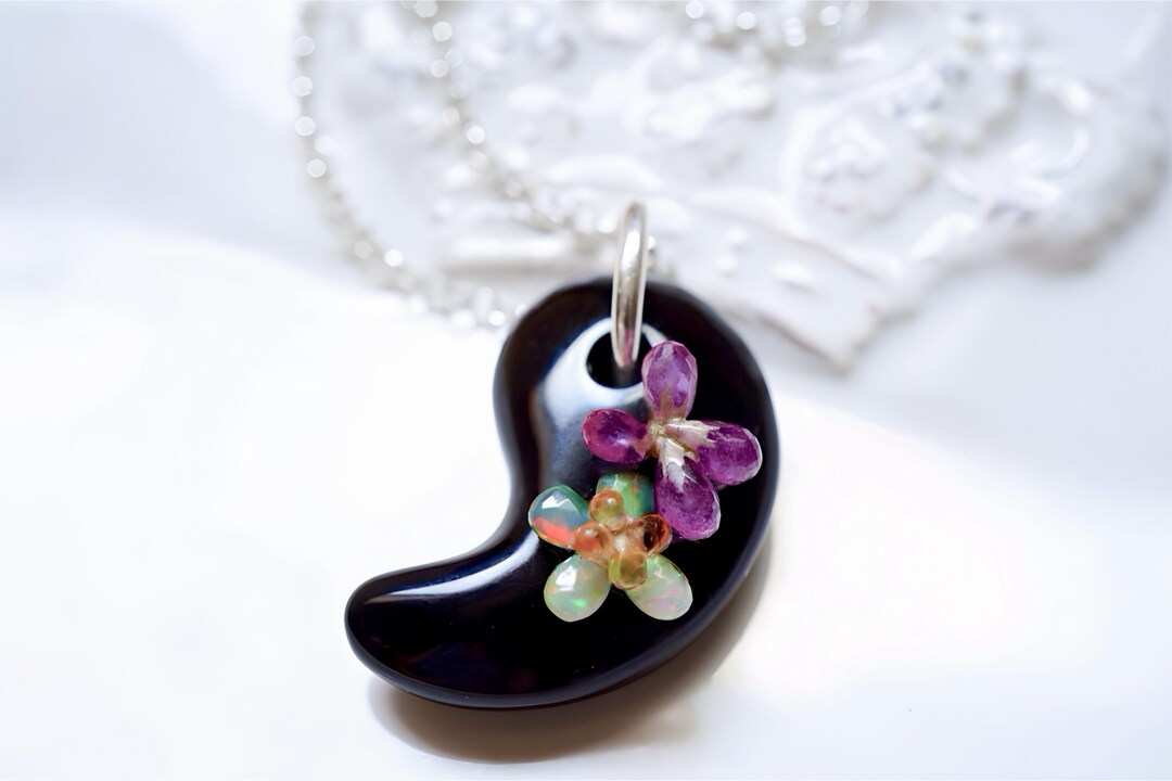 Japanese Magatama Black Onyx Pendant Necklace 925 Sterling Silver Chain