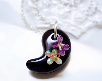 Black Onyx Magatama Pendant, Sterling Silver, Sapphire Opal, Healing Stone, Japanese Jewelry Necklace