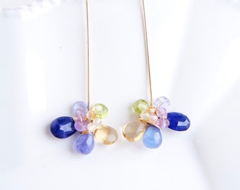 Sapphire Tanzanite Flower Earrings, 14K Gold Filled Gemstone Jewelry, September Birthday Gift