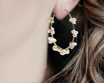 Pearl Hoop Earrings, 14K Gold Filled Sterling Silver, Wedding Jewelry Gift