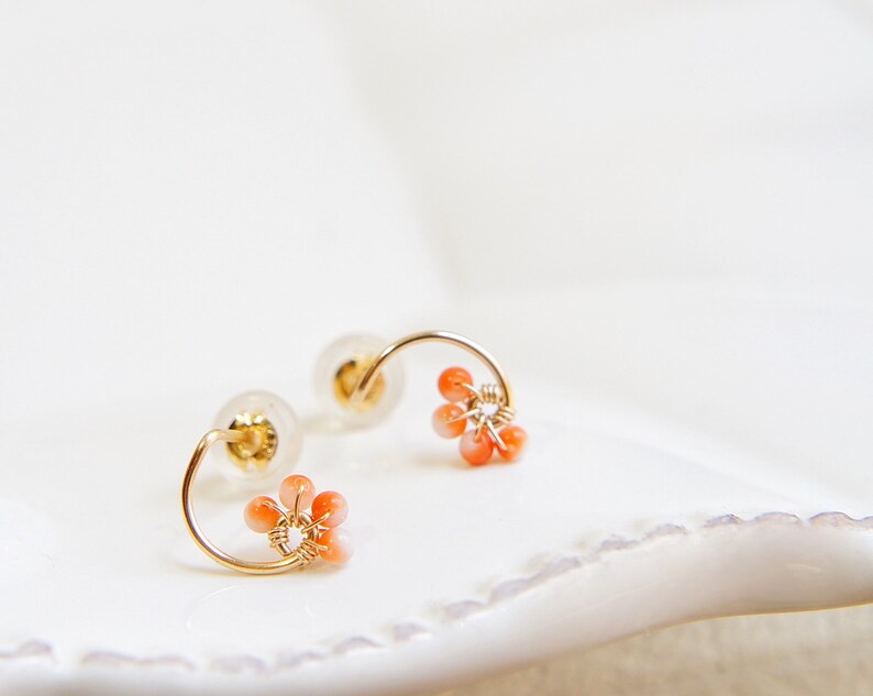 Tiny Solid Gold Earrings. Japanese Orange Coral 14k Gold Studs No Dyed Natural Coral Earrings