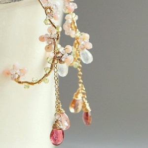 Pink Tourmaline Chandelier Earrings, Cherry Blossom Earrings, Rubellite Gold Hoop, Sakura Wedding Japanese Jewelry image 3