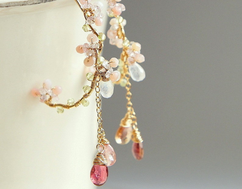 Pink Tourmaline Chandelier Earrings, Cherry Blossom Earrings, Rubellite Gold Hoop, Sakura Wedding Japanese Jewelry image 3