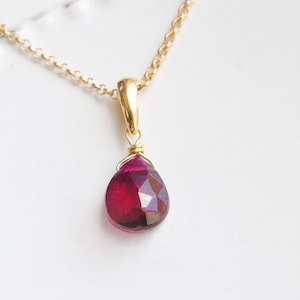 18K Rubelite Dark Pink Tourmaline Teardrop Necklace, Solid Gold Simple Cable Chain, Minimalist Jewelry