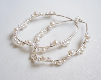 Sterling Silver Freshwater Pearl Hoop Earrings, Wire Wrapped Zigzag Wedding Jewelry