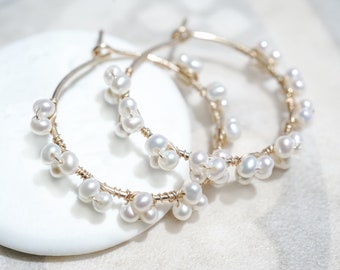 White Seed Pearl Hoop Earrings: 14K Gold Filled Sterling Silver