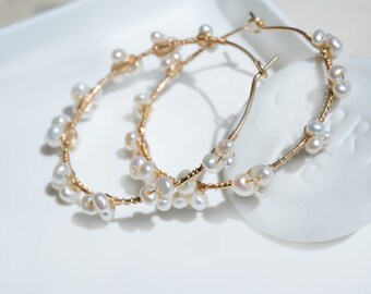 Highest Quality Natural Pearl Hoop, 14K Gold filled Sterling Silver, Hand Wire Wrapped Jewelry for Wedding