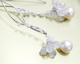 Moonstone Flower Wedding Earrings: Akoya Pearl, 14K Gold Filled, Bridal Jewelry