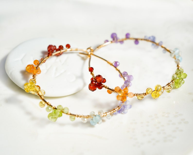 Seven Rainbow Colors Gemstones Hoop, 7 Chakra Yoga Jewelry, Birthstone Earrings Gift for Women image 3