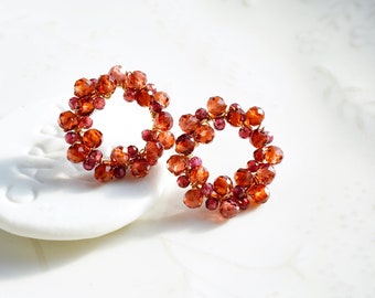 Red Garnet Beads Circle Stud Earrings, January Birthstone Jewelry, Anniversary Birthday gift
