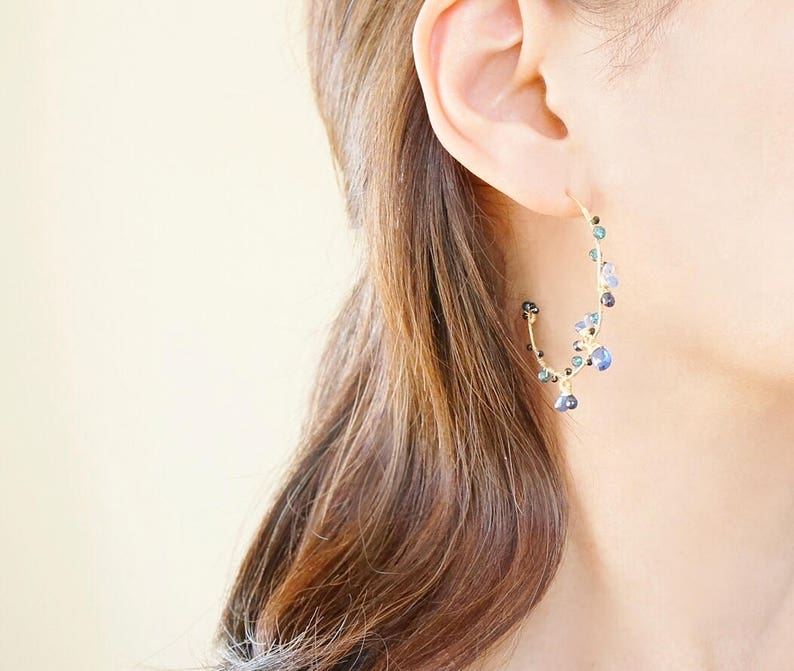 Nature inspired blue gemstone hoop earrings, Wire wrapped gold earrings, Handmade jewelry image 5
