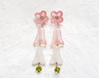 Soft Pink Flower Earrings in Sterling Silver, Japanese Glass, White Bell Leaf Peridot, 2-Way