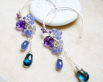 London Blue Topaz  Amethyst Chandelier Hoop in Sterling Silver, Delicate Wire wrapped Gemstone Jewelry