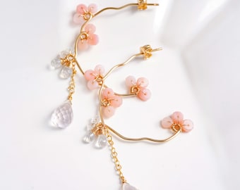Rose Quartz Chandelier Earrings, 14K Gold Filled Japanese Jewelry