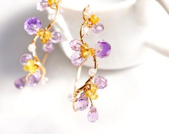Amethyst Flower Vine Hoop Earrings, 14K Gold filled, February Birthstone Jewelry