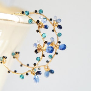 Nature inspired blue gemstone hoop earrings, Wire wrapped gold earrings, Handmade jewelry image 7