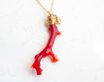 Japanese Red Coral Branch Pendant, Undyed Dark Red Coral Necklace, Natural Coral