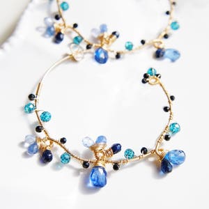 Nature inspired blue gemstone hoop earrings, Wire wrapped gold earrings, Handmade jewelry image 3
